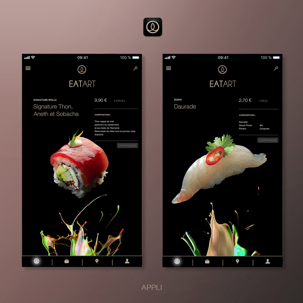 Conception Appli UI design Sushi Shop Eat Art - créé par Romain Cotto, Directeur Artistique 360 Print/film/digital